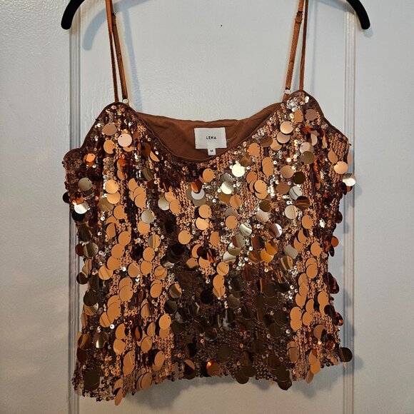 NWOT New York and Company Lena Sparkly Paillette Crop Camisole in Golden Bronze - Picture 1 of 3